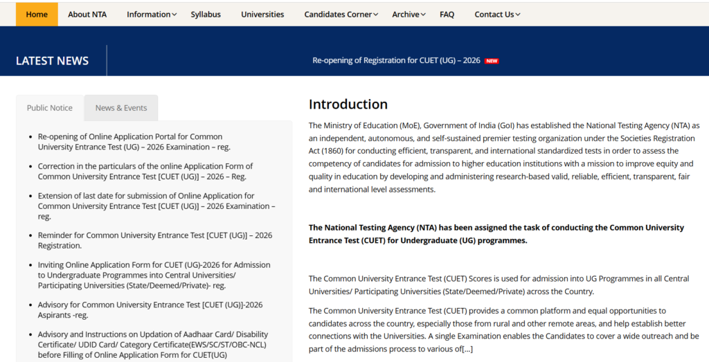 CUET exam dashboard / admit card sample