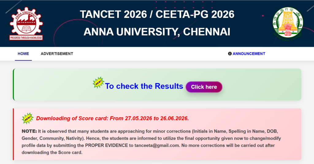 TANCET 2026 result declared login page for scorecard download
