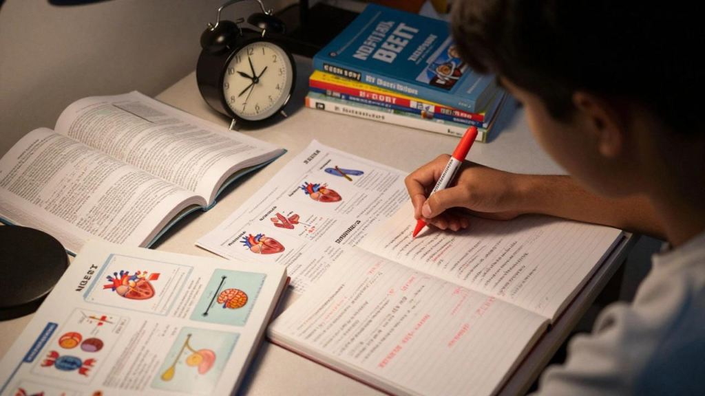 Student preparing for NEET 2026 exam with books, notes, and mock test papers