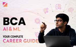 Student working on a laptop with AI and Machine Learning icons surrounding him, representing career opportunities and learning pathways in BCA Artificial Intelligence and Machine Learning.