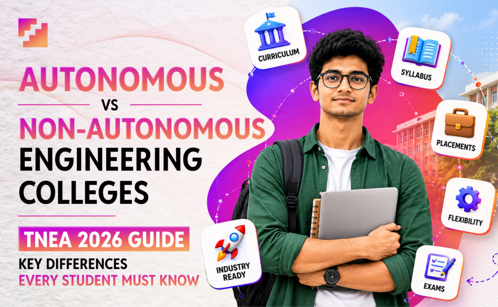 Learn the key differences between autonomous and non-autonomous engineering colleges, including curriculum, syllabus, placements, flexibility, exams, and their impact on TNEA 2026 admissions.