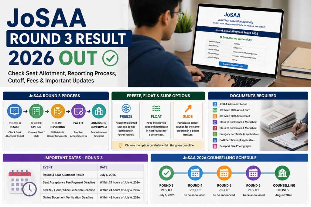 JoSAA 2026 counselling schedule after Round 3 result