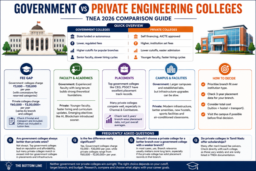 Government vs Private Engineering Colleges 2026: Compare fees, placements, faculty, infrastructure, and career opportunities before TNEA counselling.