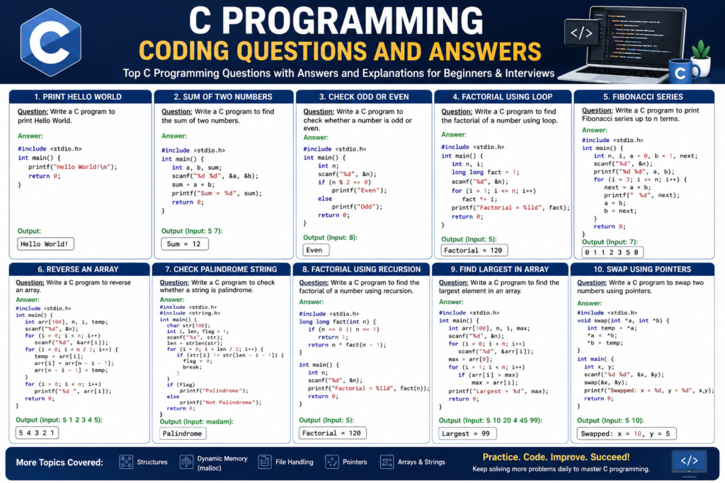 C programming coding questions and answers sample