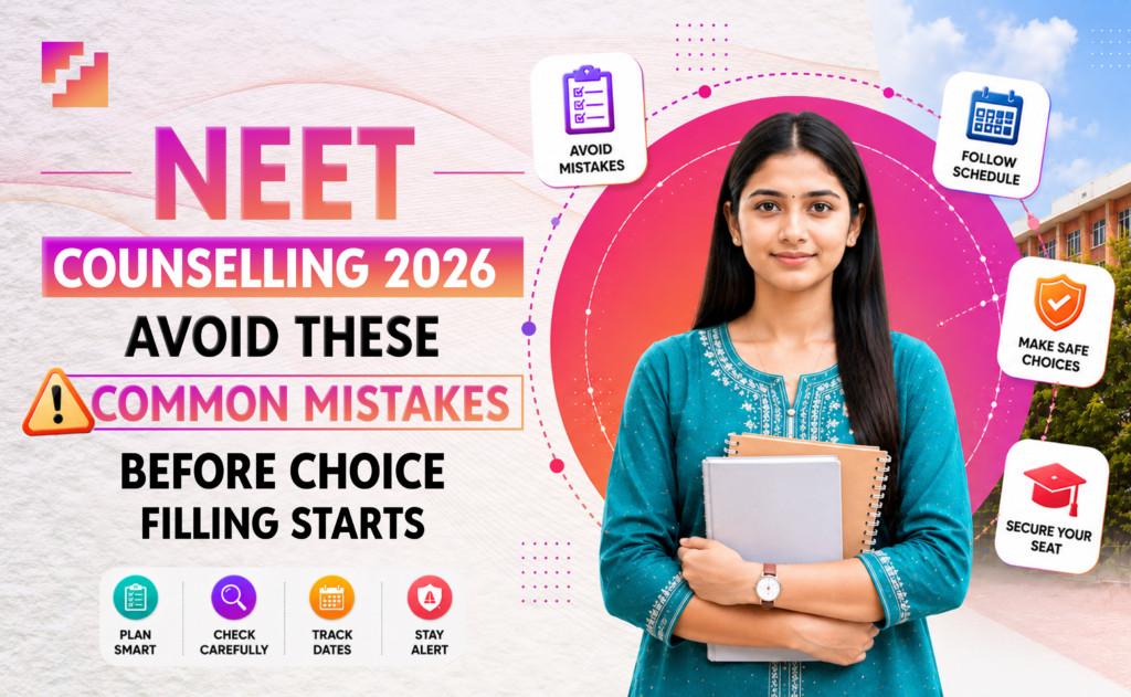 NEET Counselling 2026, avoid these common mistakes before choice filling starts, with a confident student holding books
