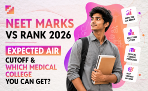 NEET Marks vs Rank 2026, expected AIR range, cutoff, and medical college predictor with a hopeful student holding books